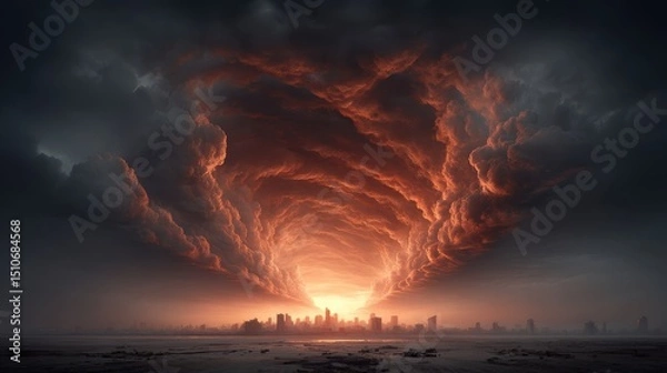 Obraz Apocalyptic weather with dark, swirling storm clouds and occasional sparks of fire in the sky, casting a sinister glow over a destroyed urban area