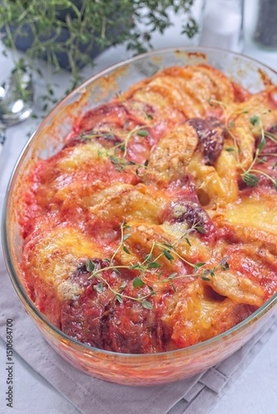Fototapeta Sweet potato, parsnips and beet root au gratin with thyme and melted cheese, in glass dish, vertical