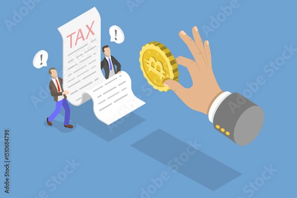Obraz 3D Isometric Flat Vector Illustration of Crypto-currency Gain or Profit Tax, Government Imposes a New Law