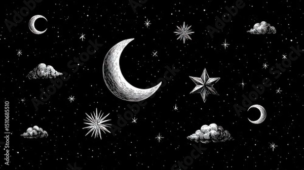 Obraz Black canvas with sketch-style hand-drawn stars, moons, and celestial symbols in white, evoking a whimsical and dreamy aesthetic