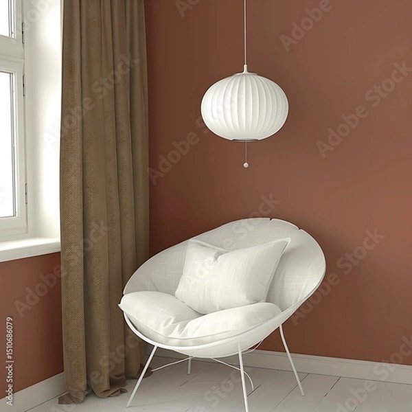 Fototapeta Cozy corner with modern chair and pendant lamp in minimalist interior