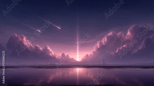 Obraz A dark sci-fi sky with radiant energy bursts and neon streaks, hovering drones flying across a futuristic industrial zone