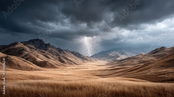 Obraz An epic stormy landscape of rolling hills and dense storm clouds, lightning striking the earth far in the distance, evoking natures untamed force