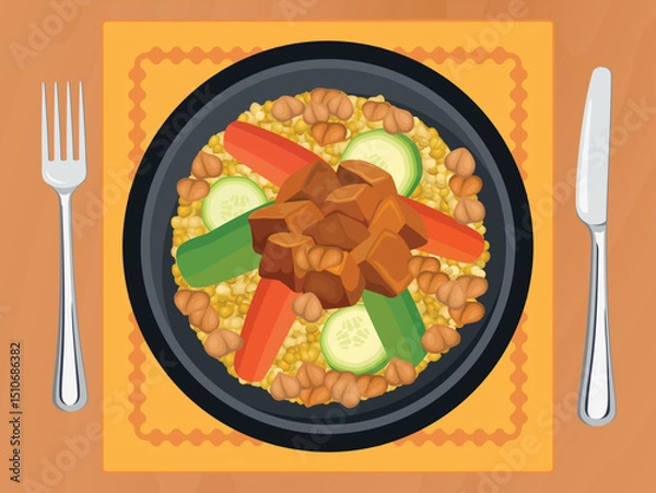 Fototapeta Couscous food with meat and vegetables on a plate top view vector illustration. Couscous or bulgur with meat, zucchini, carrot and chickpeas on a wooden table above view vector
