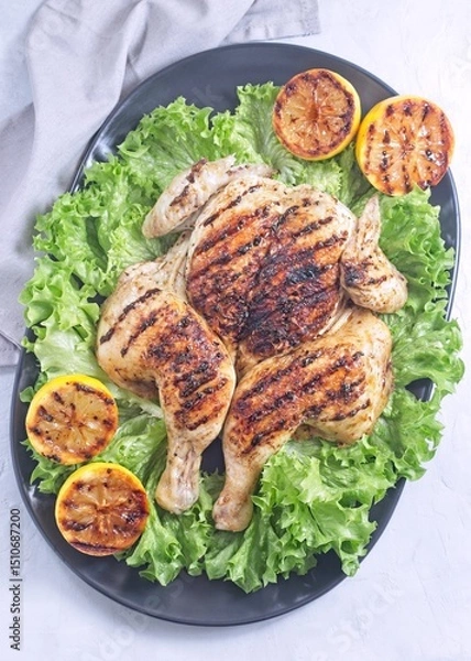 Fototapeta Spatchcocked grilled chicken with lemon garlic marinade on lettuce with lemon, vertical top view