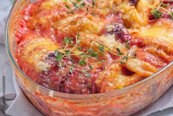 Fototapeta Sweet potato, parsnips and beet root au gratin, in glass dish, horizontal closeup