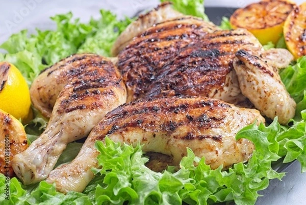 Fototapeta Spatchcocked grilled chicken with lemon garlic marinade on lettuce with lemon, horizontal closeup