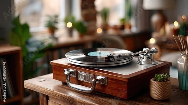 Obraz Vintage wooden record player on table