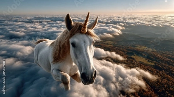 Obraz White unicorn horse floating on clouds