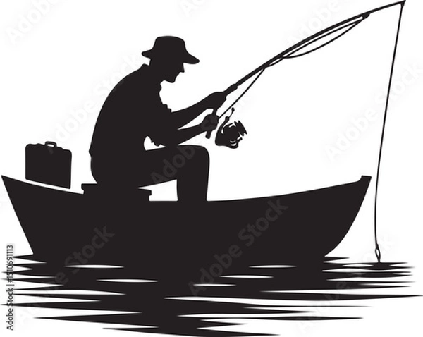 Obraz Man Fishing in Boat with Bent Rod  Silhouette Vector Illustration new 2025 trendy unique
