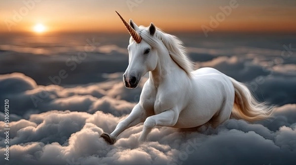 Obraz White unicorn on clouds fantasy image