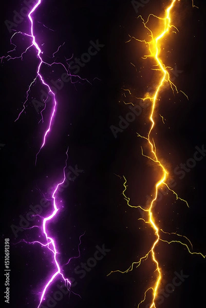 Fototapeta Stunning display of purple and yellow lightning bolts against a dark background, showcasing nature's power