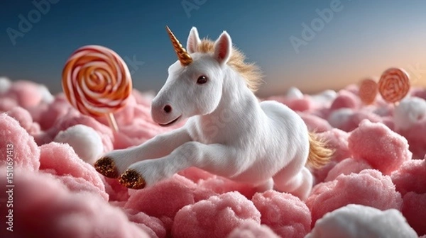 Obraz White unicorn on pink cotton candy clouds