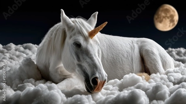 Obraz White unicorn sleeping on clouds