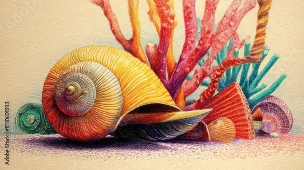 Fototapeta Colorful Seashell and Coral Composition with Artistic Design Elements in Vibrant Hues