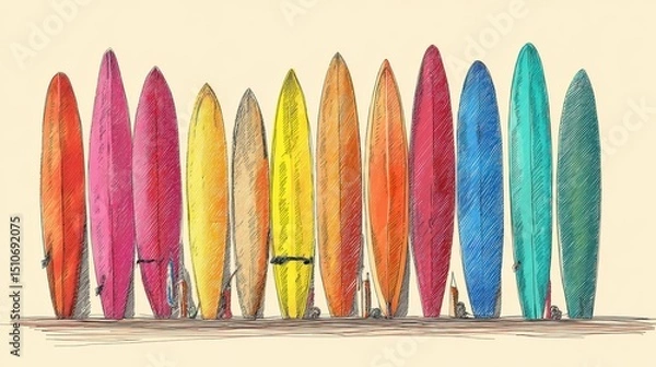 Fototapeta Vibrant Array of Colorful Surfboards Lined Against a Neutral Background with Detailed Illustrative Style