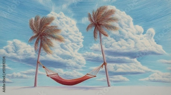 Fototapeta Tranquil Hammock Between Palm Trees Under Bright Blue Sky with Fluffy Clouds