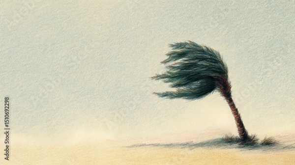 Fototapeta Wind-Swept Tree in Desert Landscape Under Soft Blue Sky with Textured Sand and Warm Earthy Tones