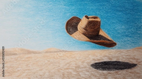 Fototapeta Floating Straw Hat Above Desert Landscape with Blue Sky and Sand Dunes in Background