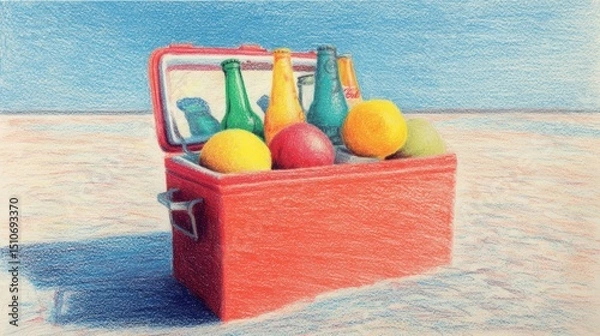 Fototapeta Vibrant Red Cooler Filled with Refreshing Drinks and Colorful Fruits on a Sunlit Beach Landscape