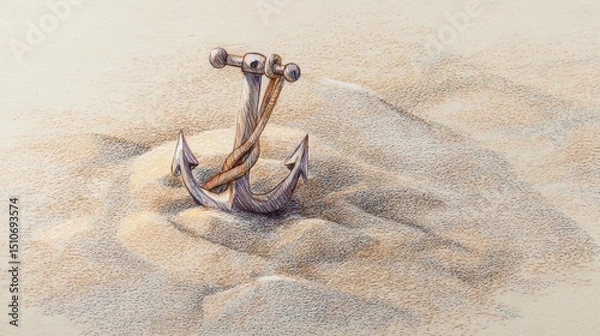 Fototapeta Detailed Illustration of an Anchor Embedded in Sandy Terrain with Twisted Rope Accents
