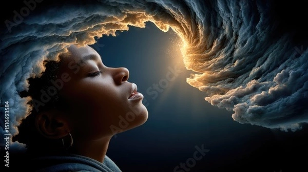 Obraz Woman in thoughtful cloud portrait