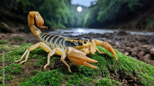 Obraz Yellow and black scorpion on mossy rock