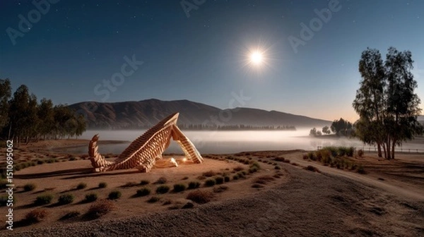 Obraz Wooden structure by lakeside at night