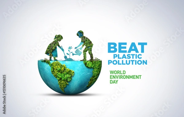 Fototapeta #BeatPlasticPollution, World Environment day concept 2025 3d tree background. 
