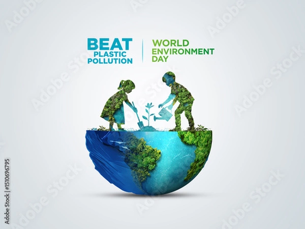 Fototapeta #BeatPlasticPollution, World Environment day concept 2025 3d tree background. 