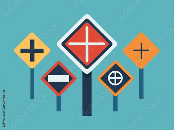 Fototapeta Collection of Colorful Road Signs Illustrating Directions and Restrictions.