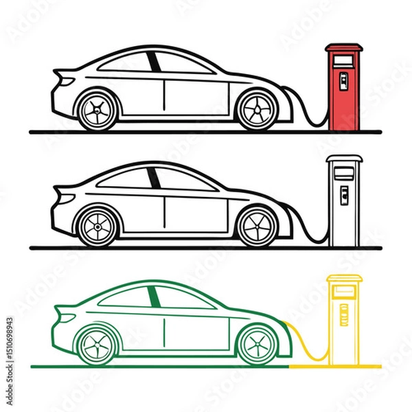 Fototapeta Electric Car Charging at Station - Three Color Variations.