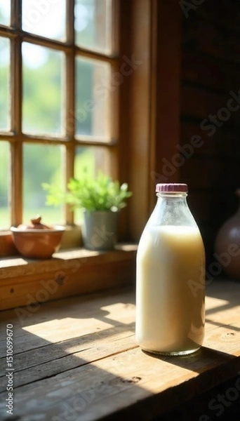 Fototapeta A carton of milk sits on a rustic wooden table, sunlight streaming in from a nearby window The scene is peaceful and evokes feelings of simple country living , nature, rustic