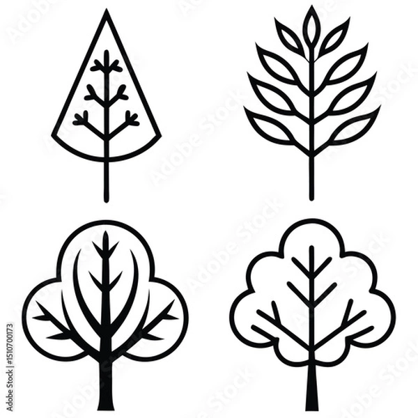 Fototapeta Simple Black Line Art Illustrations of Various Trees.