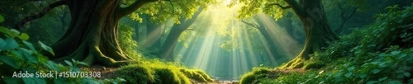 Fototapeta Lush, vibrant forest teeming with life, sunlight dappling through ancient trees, creating a serene and idyllic paradise Perfect for illustrating tranquility, nature, and escape , birds, lush