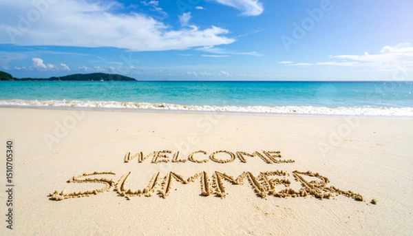 Obraz Sandy beach landscape with "Welcome Summer" written in sand, perfect for summer themes

