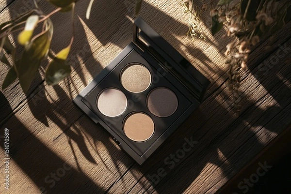 Obraz Neutral toned eyeshadows in palette, top view on wooden surface