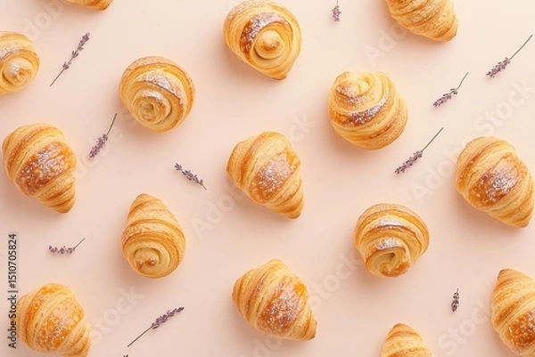 Obraz Handmade croissants arranged with dried lavender sprigs on soft background