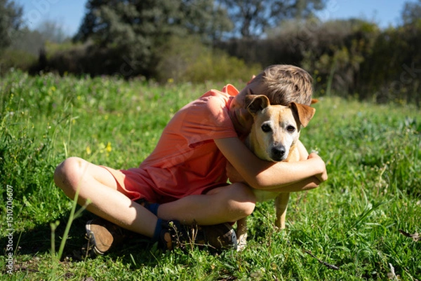 Fototapeta Boy hugging his dog in a green meadow on a sunny day