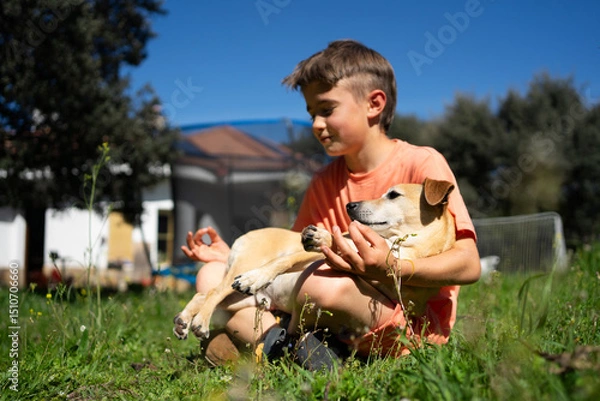 Fototapeta Boy meditating with dog on grass in backyard: practicing mindfulness together