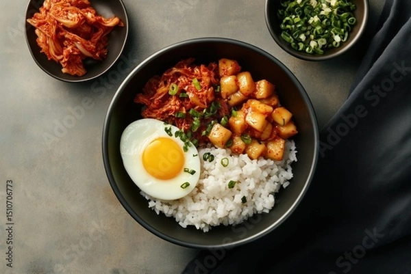 Obraz Korean breakfast bowl with rice, kimchi, soft-boiled egg, soy-based protein, green onion