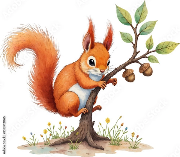 Obraz Squirrel decorating tree with acorns in watercolor style illustration, showcasing earthy colors and natural beauty, kids illustration
