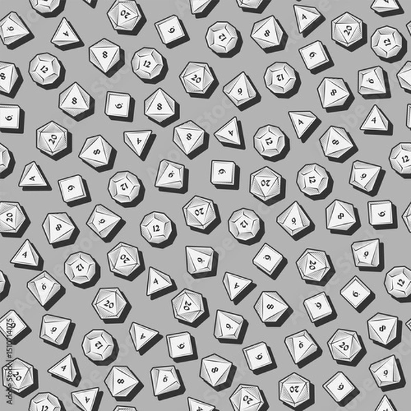 Fototapeta Monochrome Seamless Pattern of D4, D6, D8, D10, D12, and D20 Dice for Board Games in Sketch Style