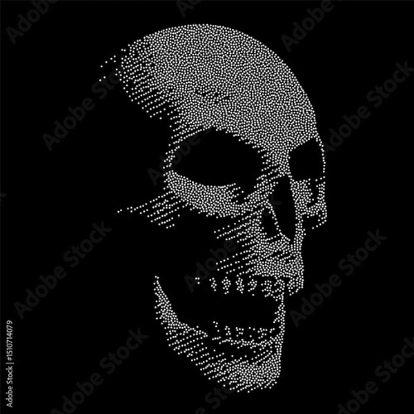 Fototapeta Stippled Human Skull Illustration in Three-Quarter View, White Dots Over Black Background