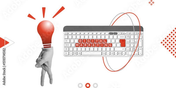 Fototapeta Digital marketing, content strategy and digital engagement themes. Keyboard labelled Digital Marketing, the red light bulb above the hand is a symbol of the idea. Minimalist art collage