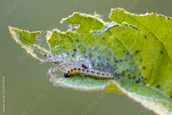 Fototapeta close-up view of a black and white caterpillar of the apple ermine on a gnawed green leaf in sunlight