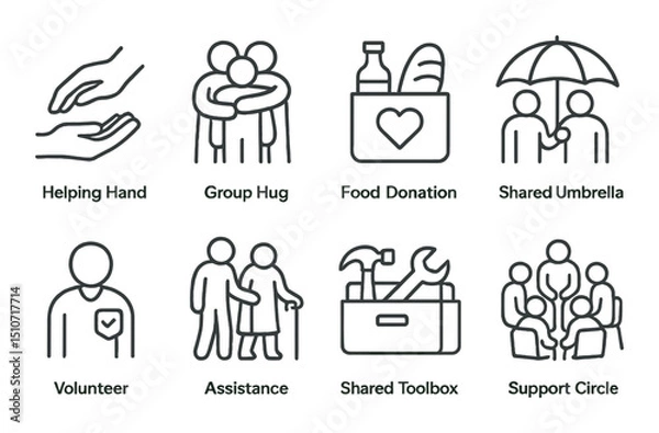 Fototapeta Community support icon set in linear style: helping, volunteer, assistance symbols