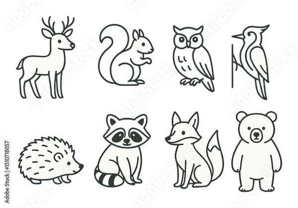 Fototapeta Woodland animal linear icon set. forest wildlife and nature symbols for design