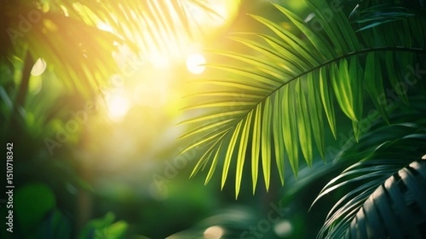 Fototapeta lush green palm leaves illuminated by sunlight, creating a vibrant and tropical atmosphere