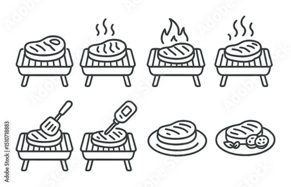 Fototapeta Grill cooking stages icon set in linear style. bbq, roasting, and grilling symbols